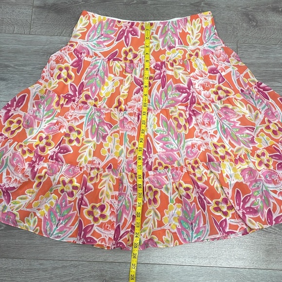 NWOT Chaps Coral Pink Yellow Floral Lined Tiered Chiffon Midi Skirt MP - Picture 7 of 14